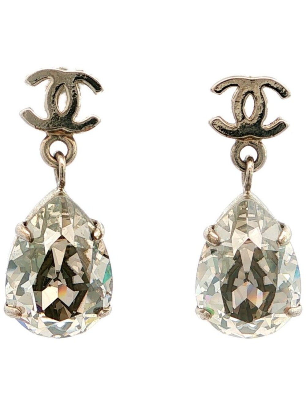 Chanel CC Logo Pear Shape Rhinestone Alloy Earrings Plated Silver